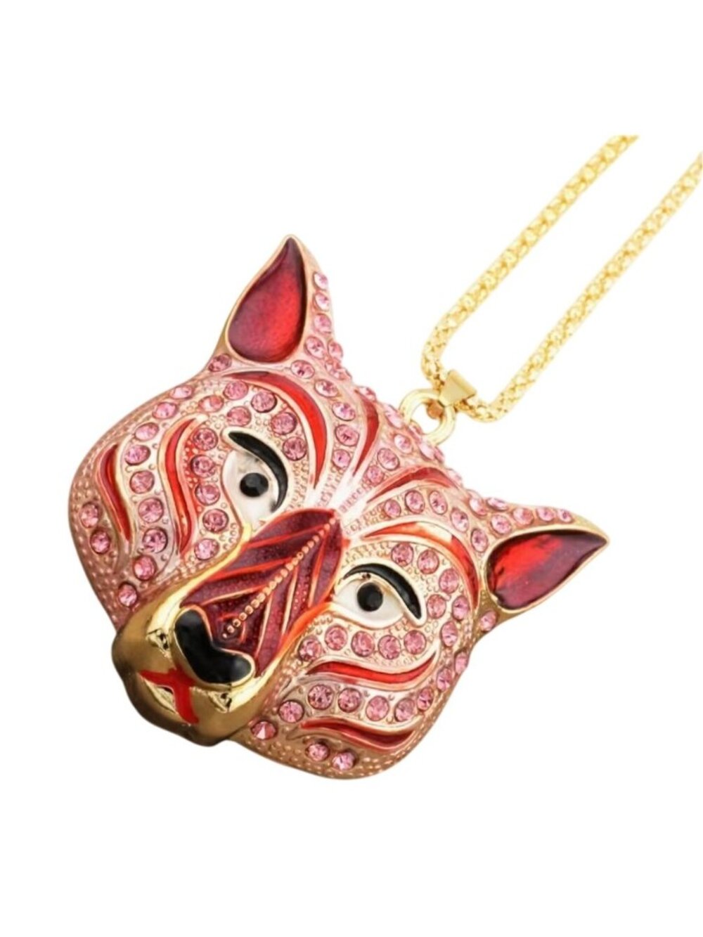 Pink Crystal Cat Face Pendant Necklace Gold Tone